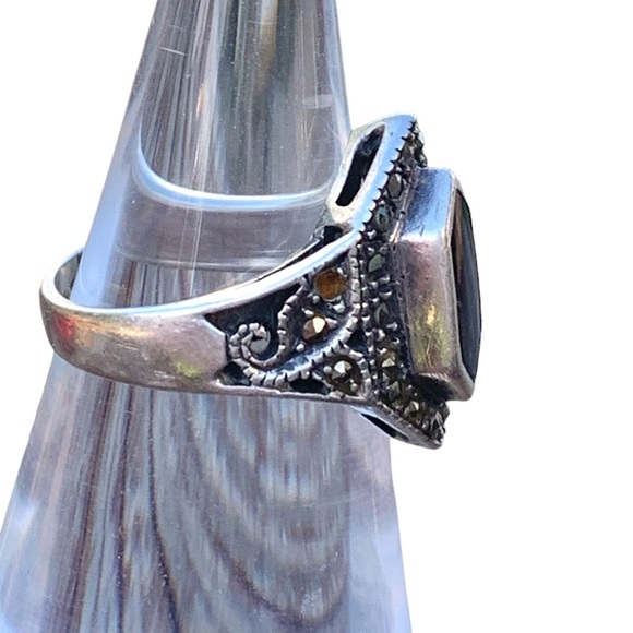 Vintage Art Deco Sterling Silver Black Onyx Marcasite Woman’s Ring Jewelry - Picture 5 of 7